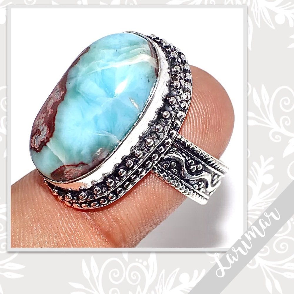 Larimar Eclectic Silver Artisan Ring, Sz 8 Turquoise Blue, Taupe / Brown, White